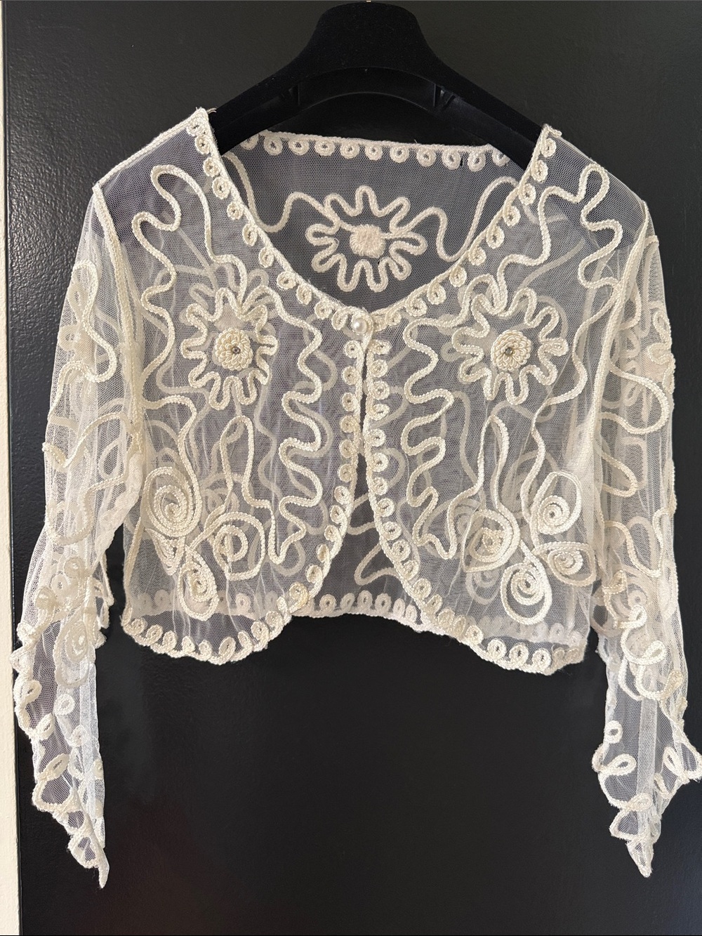 vintage cream mesh bolero shrug, intricate floral embroidery and scalloped edges